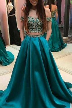 A-Line Two Pieces Lace Long Prom Dresses Formal Evening Dresses 601316