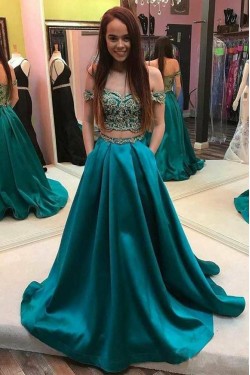 A-Line Two Pieces Lace Long Prom Dresses Formal Evening Dresses 601316