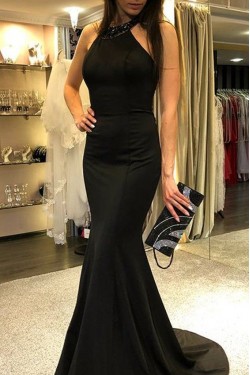 Long Black Beaded Mermaid Prom Dresses Formal Evening Dresses 601318