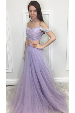 A-Line Beaded Two Pieces Long Prom Dresses Formal Evening Dresses 601319