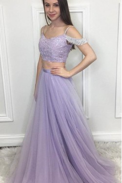 A-Line Beaded Two Pieces Long Prom Dresses Formal Evening Dresses 601319