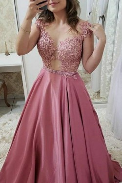 A-Line Beaded Lace Long Prom Dresses Formal Evening Dresses 601320