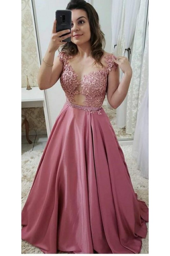 A-Line Beaded Lace Long Prom Dresses Formal Evening Dresses 601320