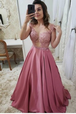 A-Line Beaded Lace Long Prom Dresses Formal Evening Dresses 601320