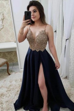 A-Line Beaded Lace V-Neck Long Prom Dresses Formal Evening Dresses 601321
