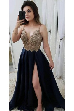A-Line Beaded Lace V-Neck Long Prom Dresses Formal Evening Dresses 601321