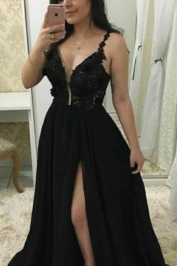 A-Line Beaded Lace Chiffon Long Black Prom Dresses Formal Evening Dresses 601322