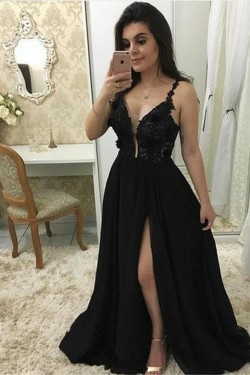 A-Line Beaded Lace Chiffon Long Black Prom Dresses Formal Evening Dresses 601322