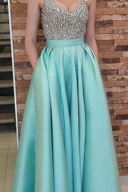 A-Line Beaded Long Prom Dresses Formal Evening Dresses 601324