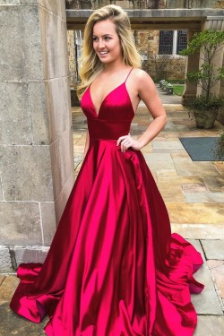 Spaghetti Straps V-Neck Long Prom Dresses Formal Evening Dresses 601326