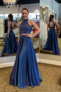 A-Line Two Pieces Beaded Long Prom Dresses Formal Evening Dresses 601330