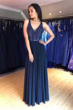 A-Line Beaded Long Prom Dresses Formal Evening Dresses 601331