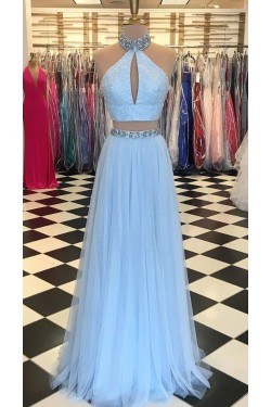 A-Line Beaded Two Pieces Long Prom Dresses Formal Evening Dresses 601334