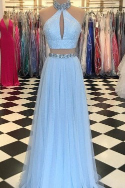 A-Line Beaded Two Pieces Long Prom Dresses Formal Evening Dresses 601334