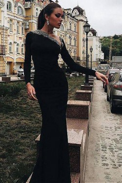 Mermaid Long Sleeves Beaded Long Prom Dresses Formal Evening Dresses 601341