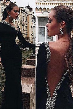 Mermaid Long Sleeves Beaded Long Prom Dresses Formal Evening Dresses 601341