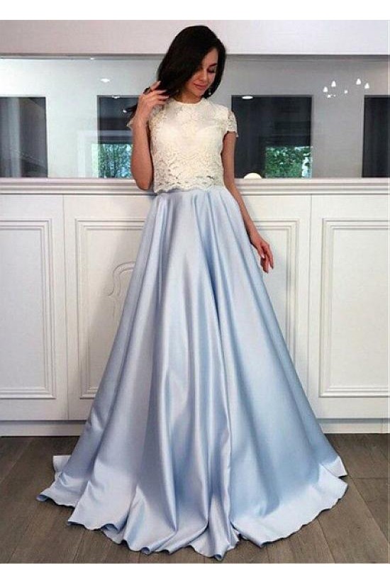 A-Line Lace Two Pieces Long Prom Dresses Formal Evening Dresses 601342
