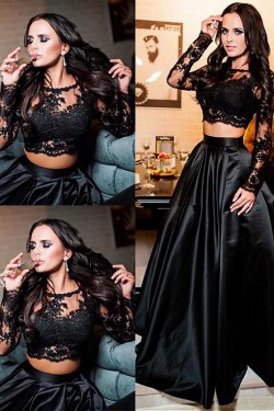 A-Line Lace Long Sleeves Two Pieces Long Prom Dresses Formal Evening Dresses 601343