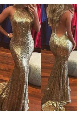 Mermaid Halter Backless Sequins Long Prom Dresses Formal Evening Dresses 601345