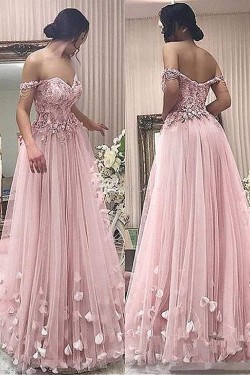 A-Line Off-the-Shoulder Beaded Lace Tulle Long Prom Dresses Formal Evening Dresses 601346
