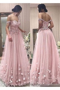 A-Line Off-the-Shoulder Beaded Lace Tulle Long Prom Dresses Formal Evening Dresses 601346