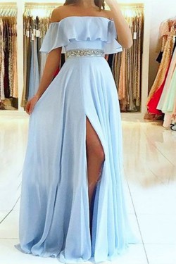 A-Line Off-the-Shoulder Beaded Long Prom Dresses Formal Evening Dresses 601353