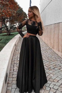 A-Line Two Pieces Lace Long Sleeves Black Prom Dresses Formal Evening Dresses 601354