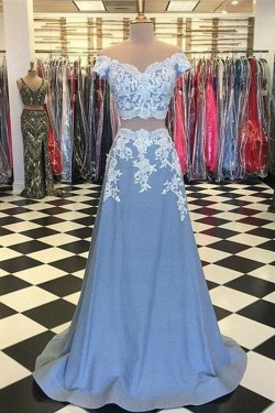 A-Line Two Pieces Lace Long Prom Dresses Formal Evening Dresses 601359