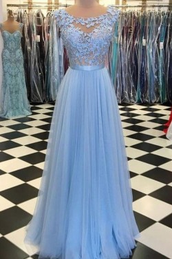 A-Line Lace Tulle Long Prom Dresses Formal Evening Dresses 601365