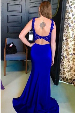 Elegant Mermaid Straps Open Back Long Prom Dress with Appliques Formal Evening Dresses 601369