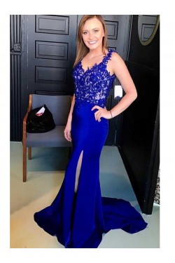 Elegant Mermaid Straps Open Back Long Prom Dress with Appliques Formal Evening Dresses 601369