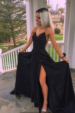 Long Black Spaghetti Straps High Slit Prom Dresses Formal Evening Dresses 601373
