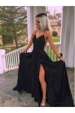 Long Black Spaghetti Straps High Slit Prom Dresses Formal Evening Dresses 601373