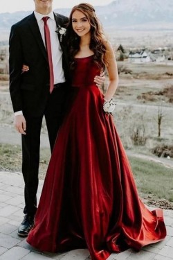 Elegant A-Line Satin Long Prom Dresses Evening Gowns with Pockets 601375