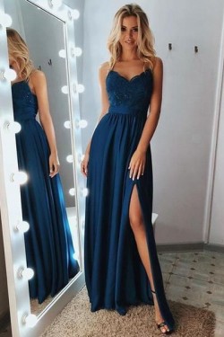 A-Line V-Neck Lace Long Prom Dresses Evening Gowns 601378