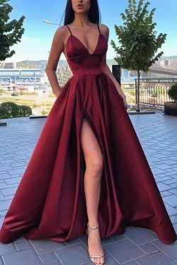 A-line Spaghetti Straps Side Slit Long Prom Dresses Evening Gowns 601379