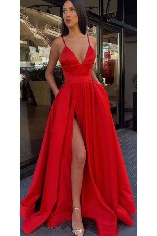 A-line Spaghetti Straps Side Slit Long Prom Dresses Evening Gowns 601379