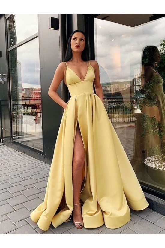 A-line Spaghetti Straps Side Slit Long Prom Dresses Evening Gowns 601379