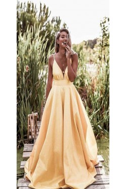 Sexy A-Line Spaghetti Straps V-neck Long Prom Dresses Formal Evening Gowns 601380