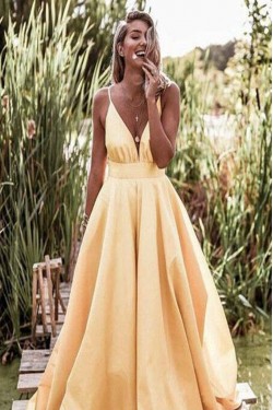 Sexy A-Line Spaghetti Straps V-neck Long Prom Dresses Formal Evening Gowns 601380