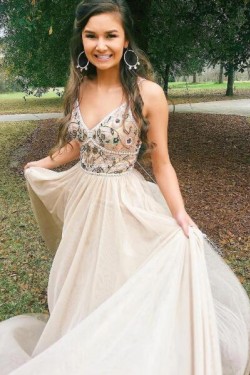 A-Line V-Neck Long Prom Dress Formal Evening Dresses 601384