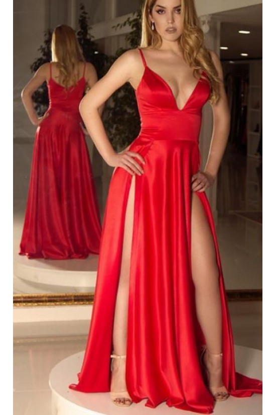 Sexy Spaghetti Straps V-neck Long Prom Dress Formal Evening Dresses with High Slits  601387