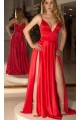 Sexy Spaghetti Straps V-neck Long Prom Dress Formal Evening Dresses with High Slits  601387