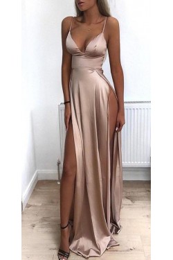Sexy Spaghetti Straps V-neck Long Prom Dress Formal Evening Dresses with High Slits  601387
