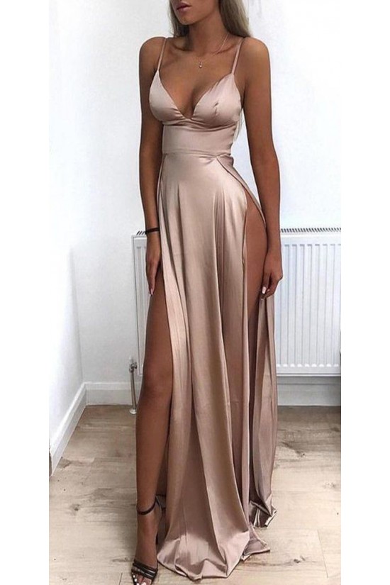 Sexy Spaghetti Straps V-neck Long Prom Dress Formal Evening Dresses with High Slits  601387