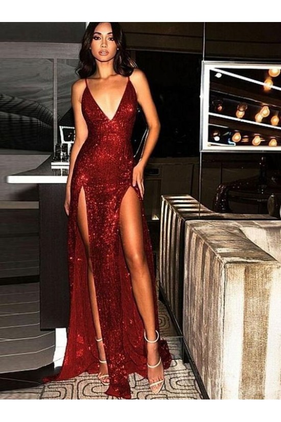 Sexy Spaghetti Straps V-neck Sparkling Long Prom Dress Formal Evening Dresses with High Slits  601388