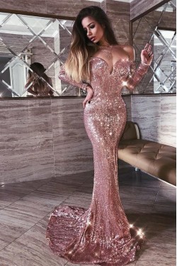 Sexy Mermaid Sparkling Long Sleeves Long Prom Dress Formal Evening Dresses 601390
