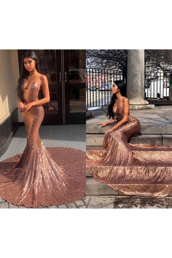 Sexy Mermaid Spaghetti Straps V-neck Sparkling Long Prom Dress Formal Evening Dresses 601392