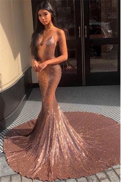 Sexy Mermaid Spaghetti Straps V-neck Sparkling Long Prom Dress Formal Evening Dresses 601392