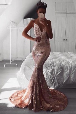 Mermaid V-Neck Spaghetti Straps Long Prom Dress Formal Evening Dresses 601395